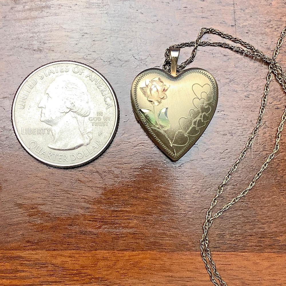Vintage 14K Gold Filled Heart Locket Necklace Etched Rose Floral 17" Rope Chain